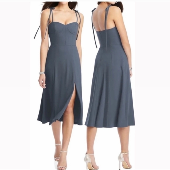 The Dessy Collection tie shoulder bustier crepe a line dress silver stone gray - Picture 1 of 9